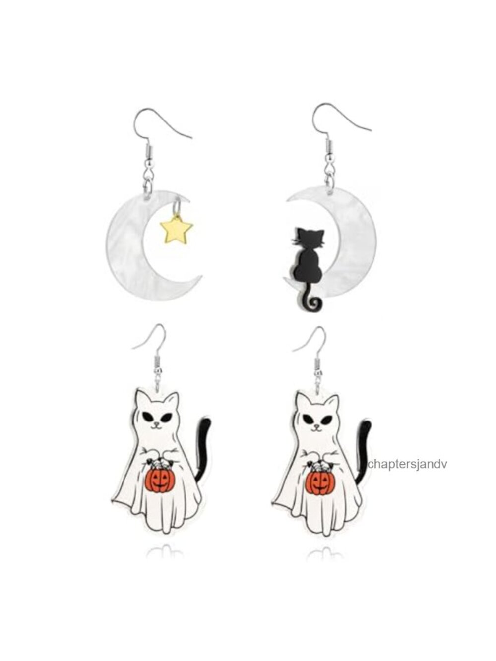 Halloween Ghost Cat Pumpkin Acrylic Dangle Earrings Silver Plated Hooks
